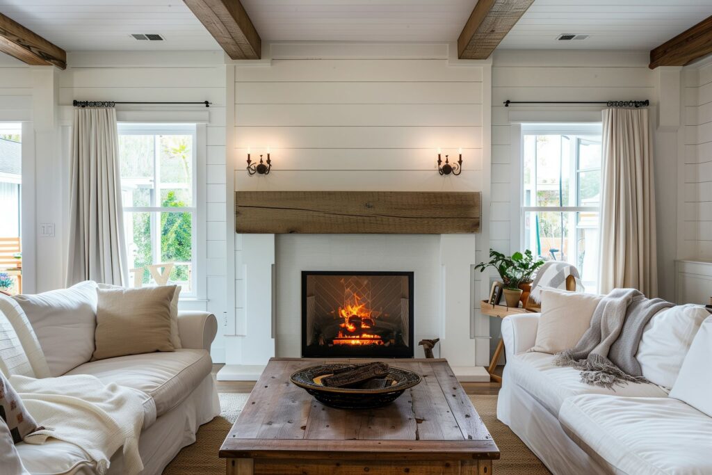 Wohnzimmer im Landhausstil mit gemütlichen Sofas, Holztisch und einer modernen Kamin Glasscheibe, die für eine warme und einladende Atmosphäre sorgt.

