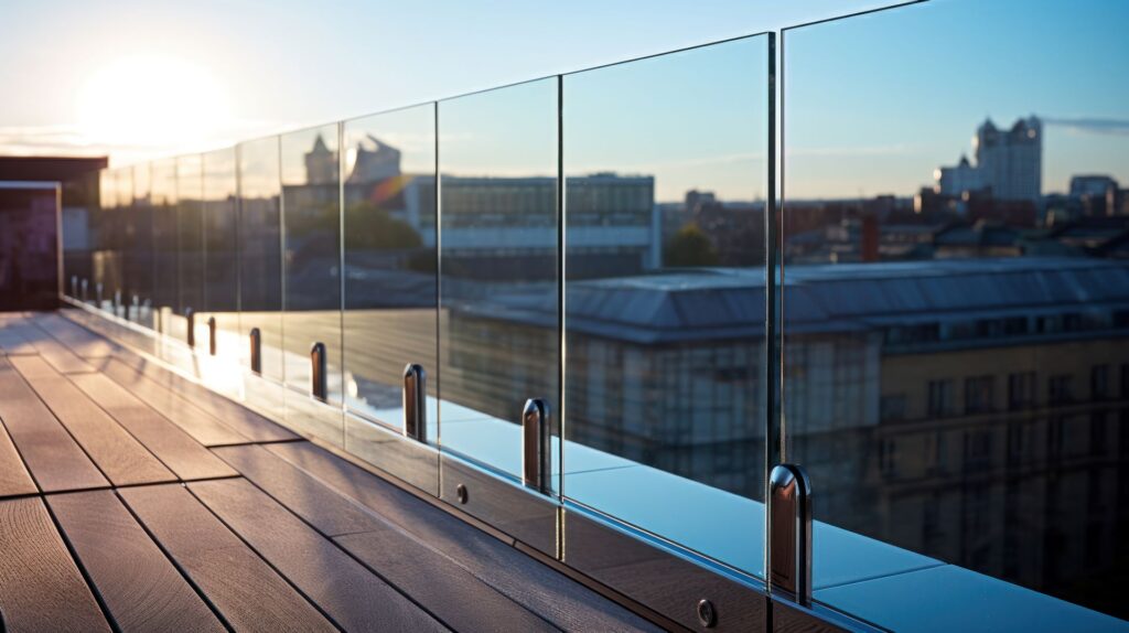 Glasgeländer auf Dachterrasse mit Stadtblick