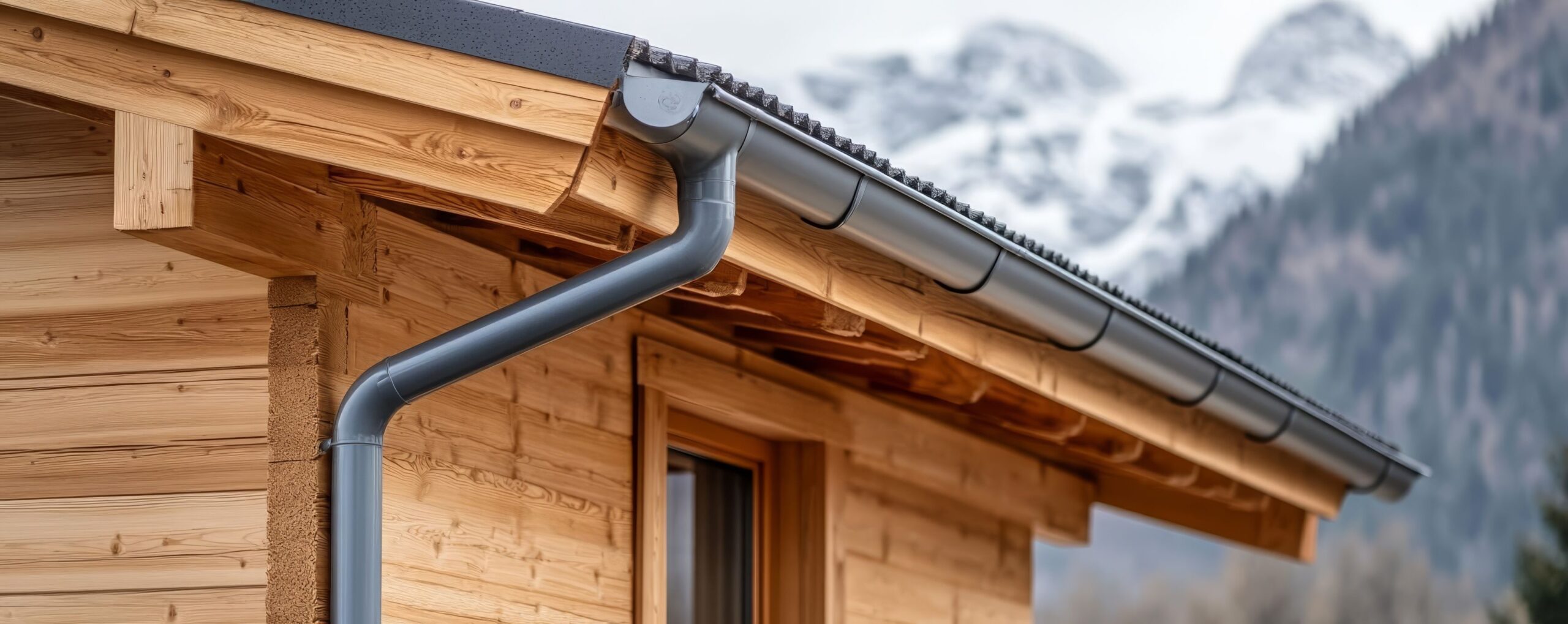 Ein Fallrohr mit einer Regenrinne an einem Haus angebracht 