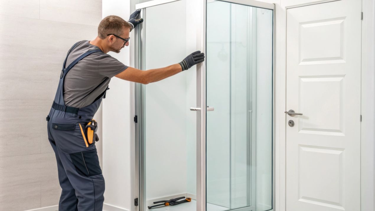 Handwerker installiert rahmenlose Duschtuer vor installierter Duschrueckwand Aluverbund im modernen Badezimmer