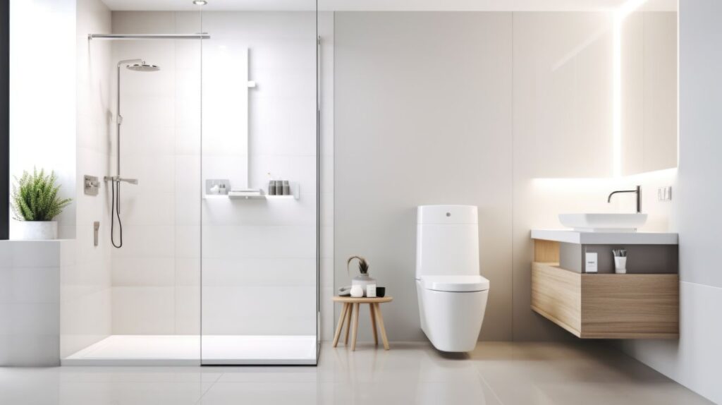 Helles Badezimmer mit begehbarer Dusche und moderner Duschrueckwand Aluverbund in elegantem, fugenlosen Design