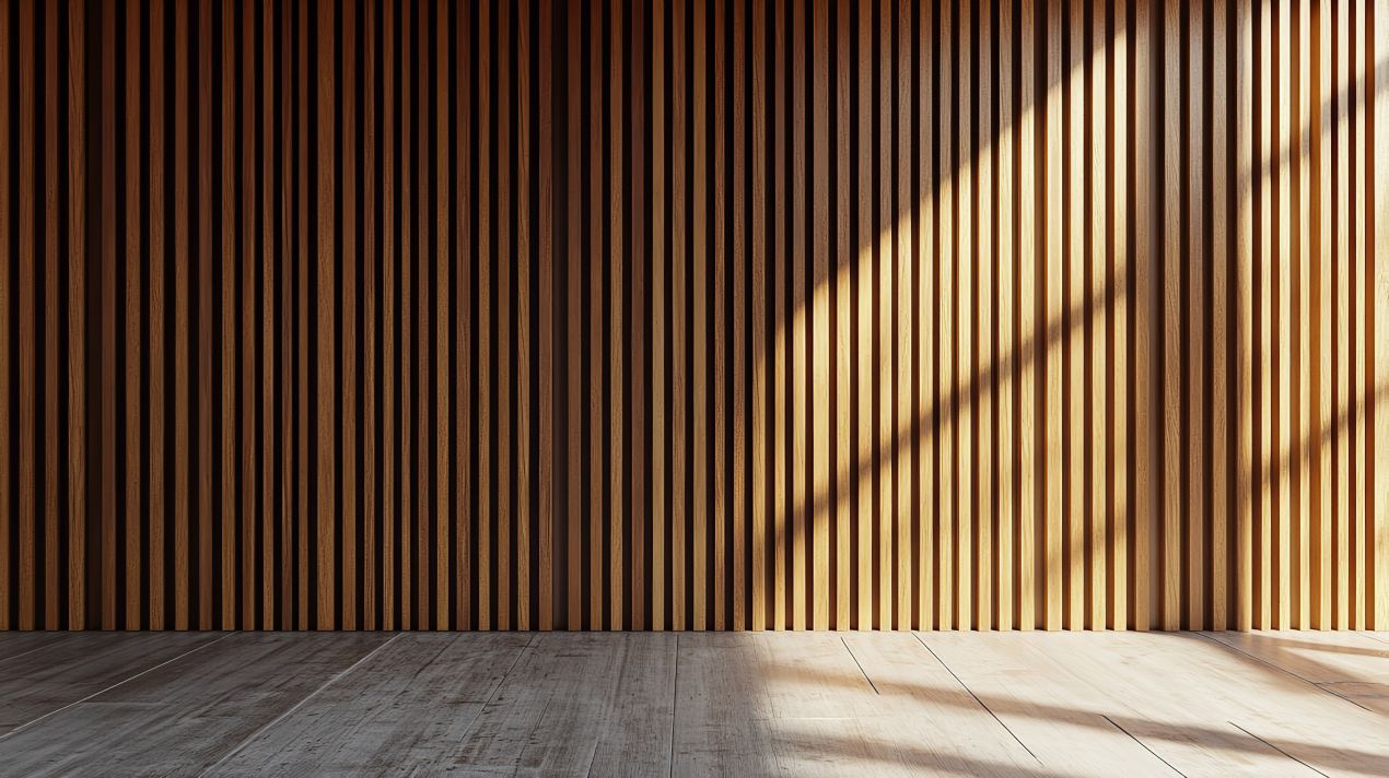 Akustikpaneele aus Holz mit vertikaler Lamellenstruktur, moderne Wandverkleidung im Sonnenlicht für bessere Raumakustik und natürliche Ästhetik