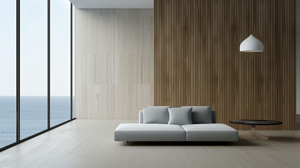 Hochwertige Akustikpaneele aus Holz hinter Sofa in heller Wohnlandschaft mit Meerblick und minimalistischer Einrichtung