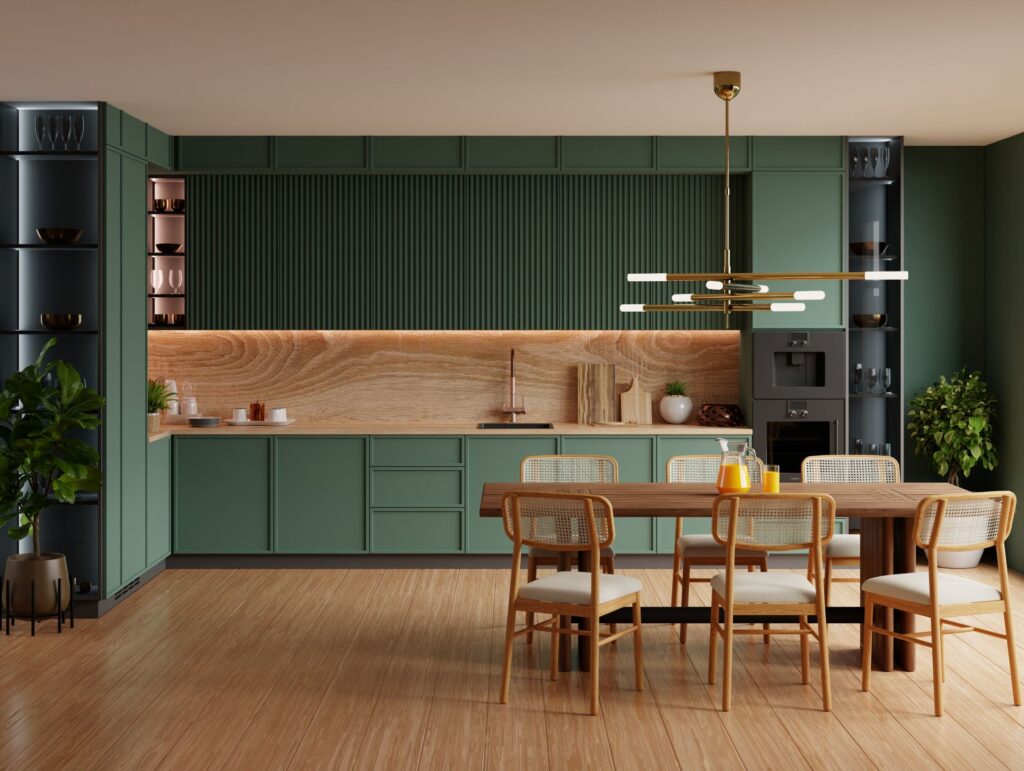 Moderne Kueche in Gruen mit Holzrueckwand und Essbereich – Farbgestaltung vom Kuechenstudio Freiberg