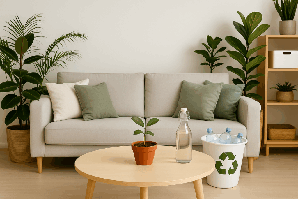 Nachhaltiges Wohnen zeigt kleines Wohnzimmer mit Pflanzen und einem Recycling Behälter am Boden
