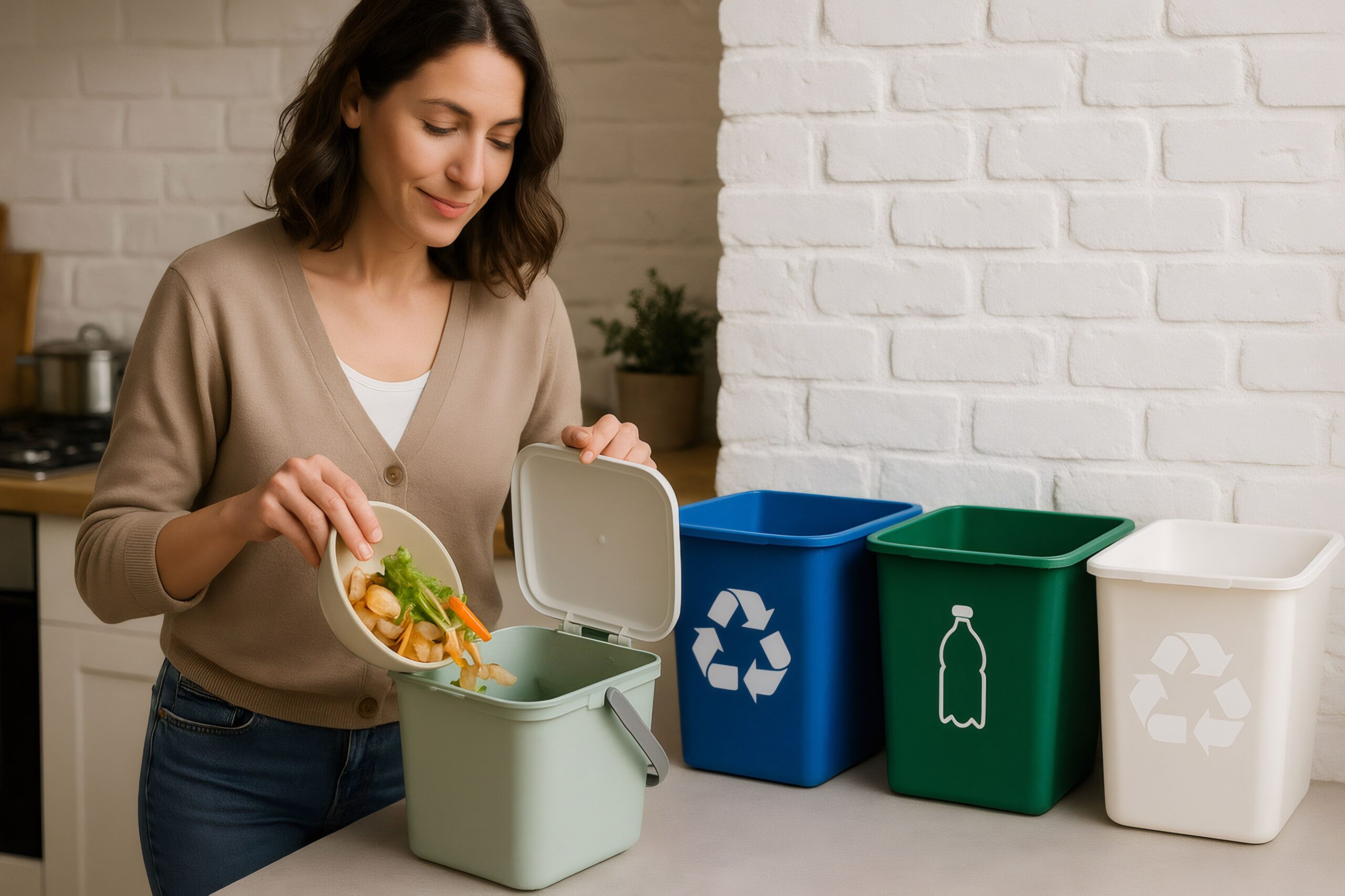 Eine Frau sortiert Küchenabfälle in Recyclingbehälter und fördert umweltfreundliche Gewohnheiten. Verschiedene Behälter für die Wiederverwertung unterschiedlicher Materialien sind ordentlich angeordnet.