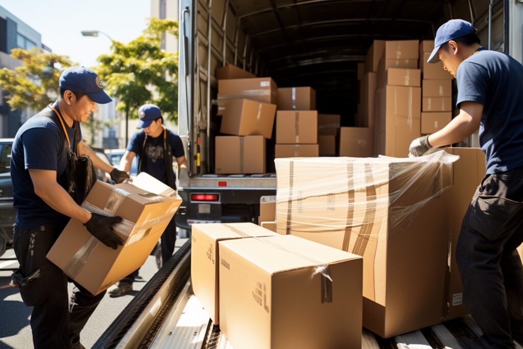 Umzugshelfer tragen Kartons in Lkw | Wohnungsauflösung Neuss