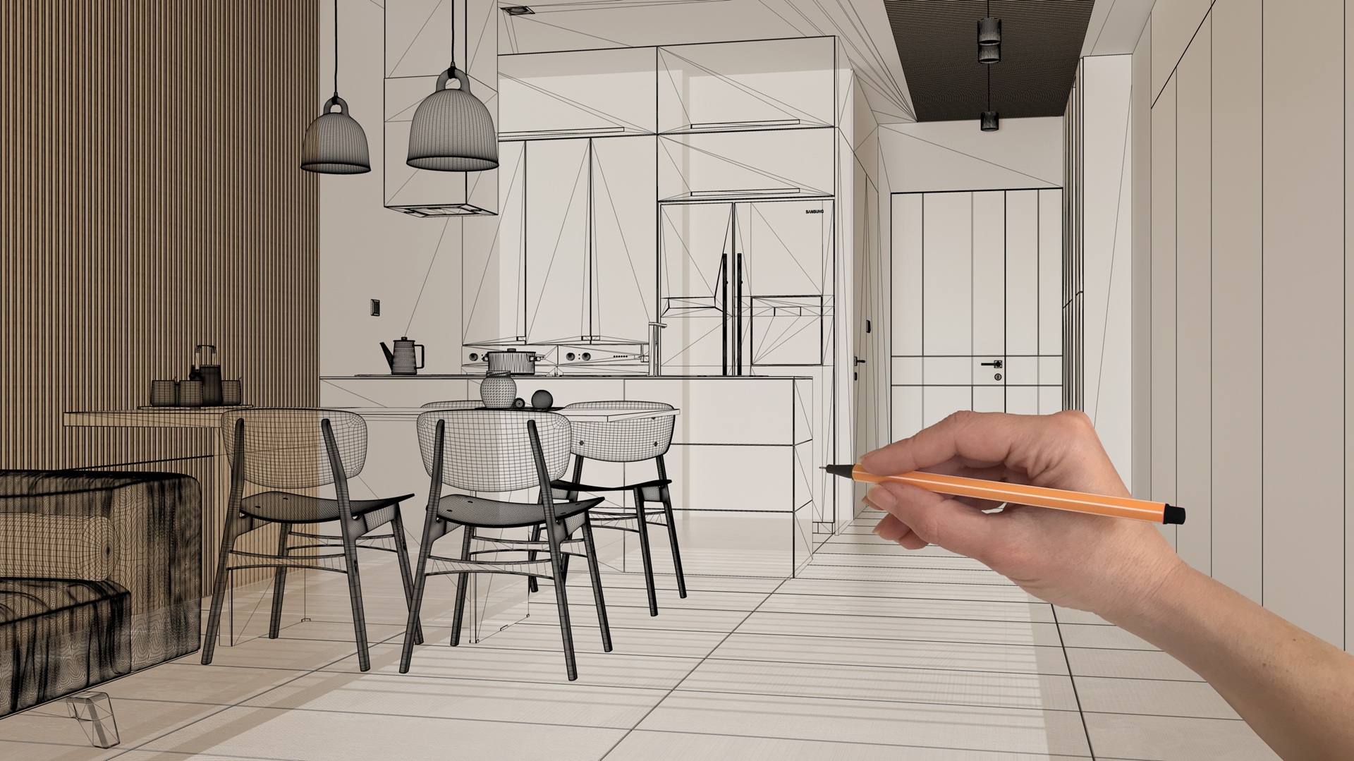 Hand zeichnet Küchendesign im digitalen Entwurf | Immobilienfinanzierung Düren